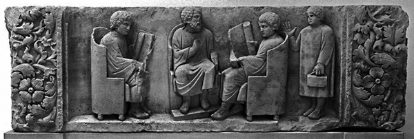 Schulszene; römisches Relief aus Neumagen, ca. 180 n. Chr. (Bild zvg)